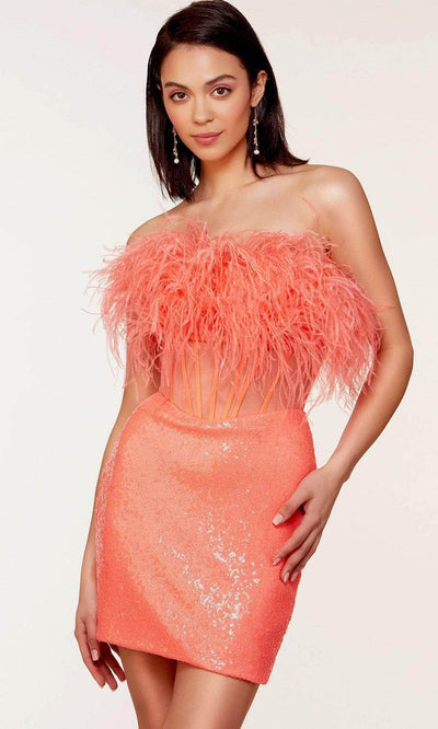 Alyce Paris 4799 - Strapless Feathered Corset Homecoming Dress Special Occasion Dress 000 / Hot Coral
