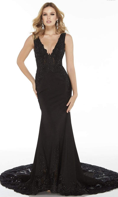 Alyce Paris - Plunging V-Neck Embellished Trumpet Gown 5065SC In Black