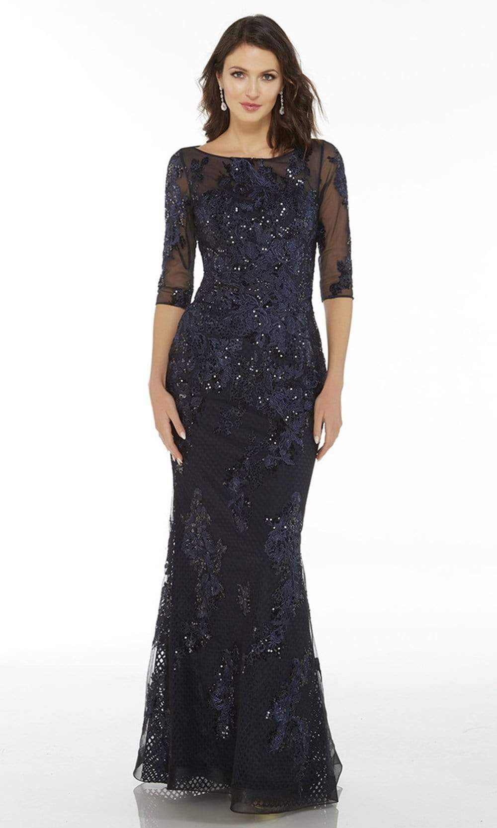 Alyce Paris - Sheer Sleeves Sparkly Applique Sheath Dress 5076SC In Blue