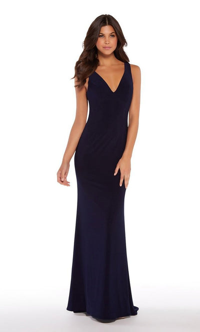 Alyce Paris - 600092 Plunging V-neck Sheath Dress With Train In Blue