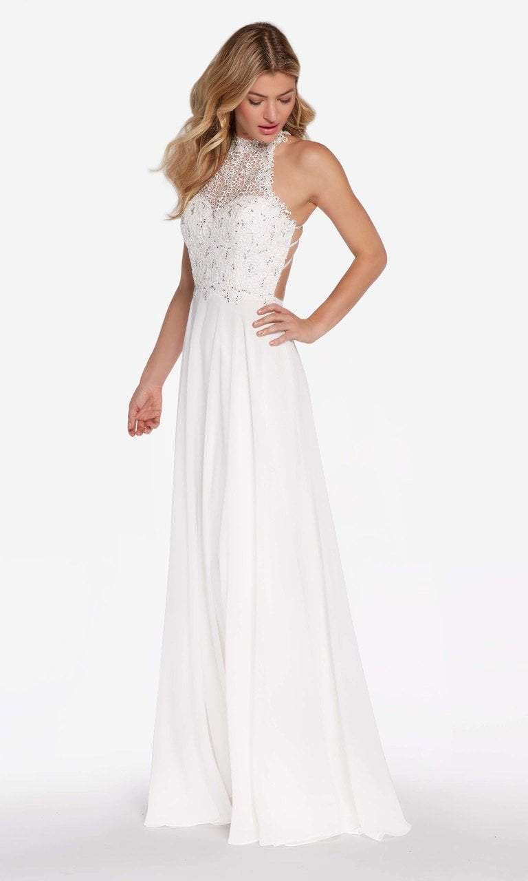 Alyce Paris - 60061 High Neck Lace Bodice Chiffon Gown Wedding Dresses 000 / Diamond White