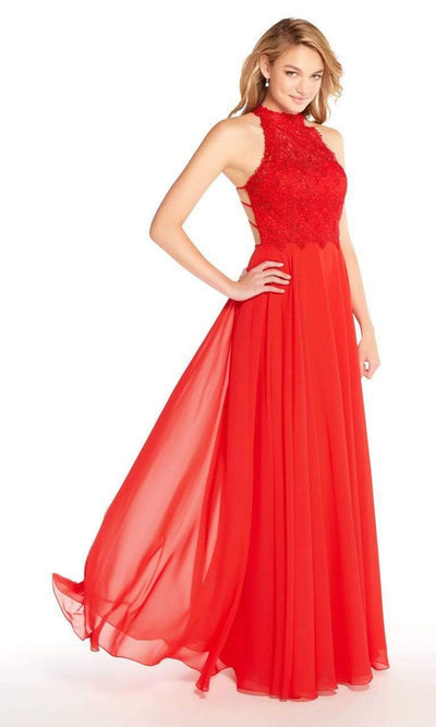 Alyce Paris - 60061 High Neck Lace Bodice Chiffon Gown Wedding Dresses 000 / Red