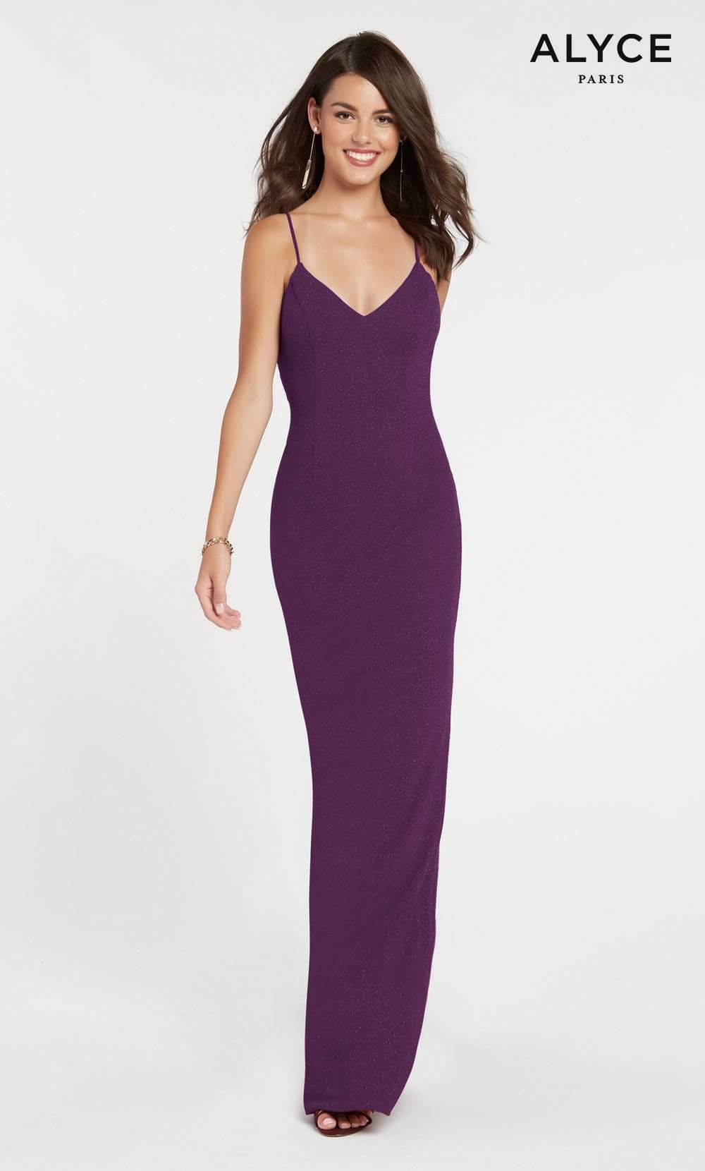 Alyce Paris - 60292 Shimmering Sleeveless V Neck Fitted Jersey Dress Special Occasion Dress 00 / Black Plum