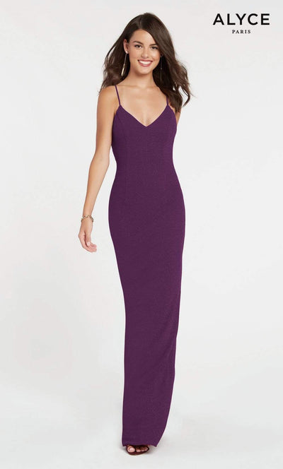 Alyce Paris - 60292 Shimmering Sleeveless V Neck Fitted Jersey Dress Special Occasion Dress 00 / Black Plum
