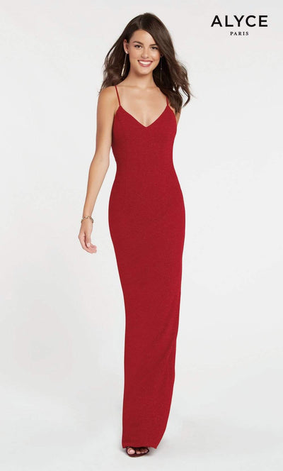 Alyce Paris - 60292 Shimmering Sleeveless V Neck Fitted Jersey Dress Special Occasion Dress 00 / Red