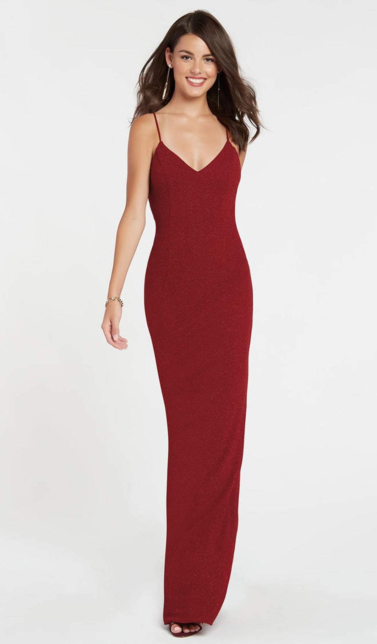 Alyce Paris - 60292 Shimmering Sleeveless V Neck Fitted Jersey Dress Special Occasion Dress 00 / Wine