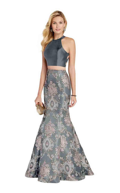 Alyce Paris - 60335 Two Piece High Halter Jacquard Mermaid Dress Special Occasion Dress 000 / Pewter