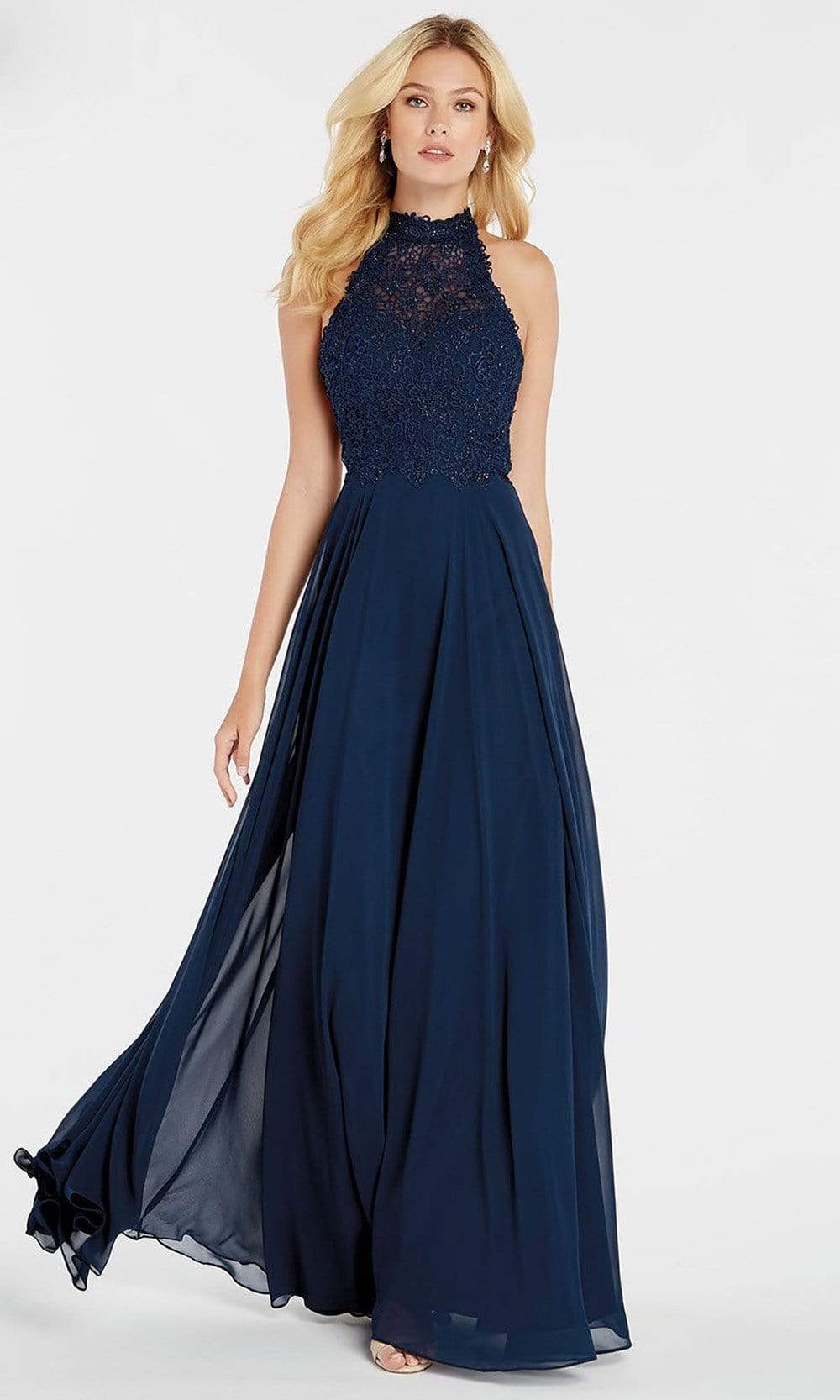 Alyce Paris - 60354 Beaded Lace Bodice Flowy Chiffon Evening Gown Bridesmaid Dresses 000 / Navy