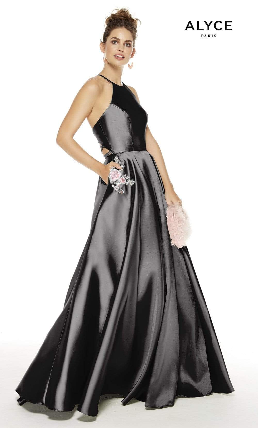 Alyce Paris - 60500 Halter Neck Strappy Back Floral Accent Mikado Gown Special Occasion Dress