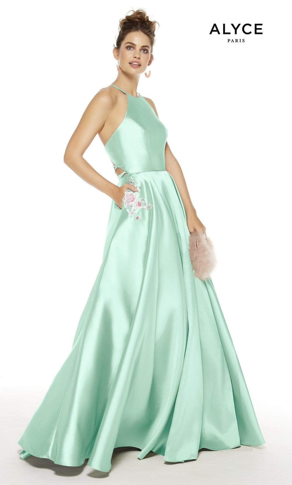 Alyce Paris - 60500 Halter Neck Strappy Back Floral Accent Mikado Gown Special Occasion Dress