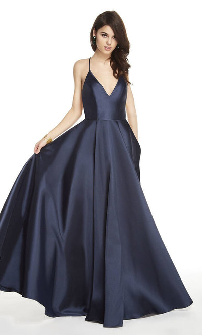 Alyce Paris - 60593 V-Neck Pleated A-Line Evening Dress In Blue