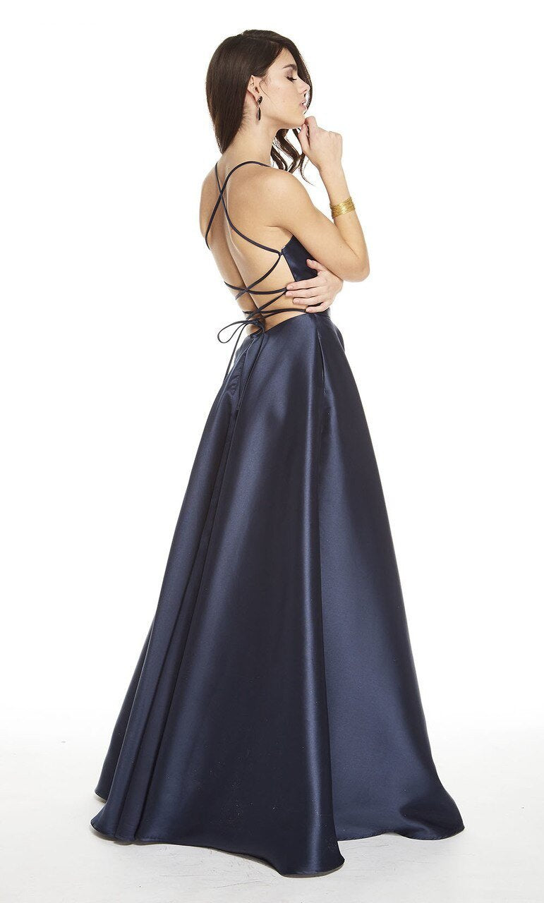 Alyce Paris - 60593 V-Neck Pleated A-Line Evening Dress In Blue