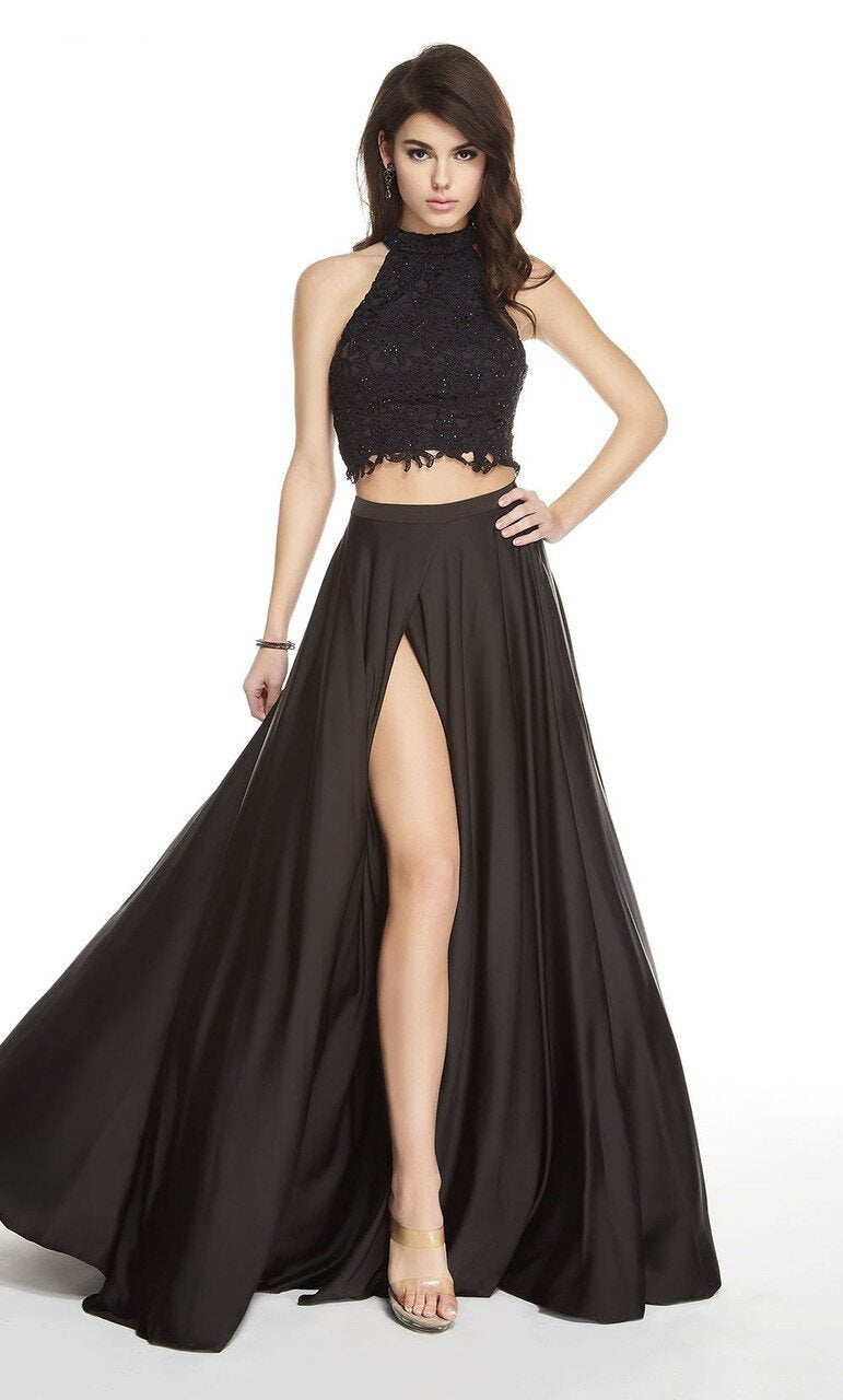 Alyce Paris - 60601 Two Piece Lace High Halter Satin A-line Dress In Black