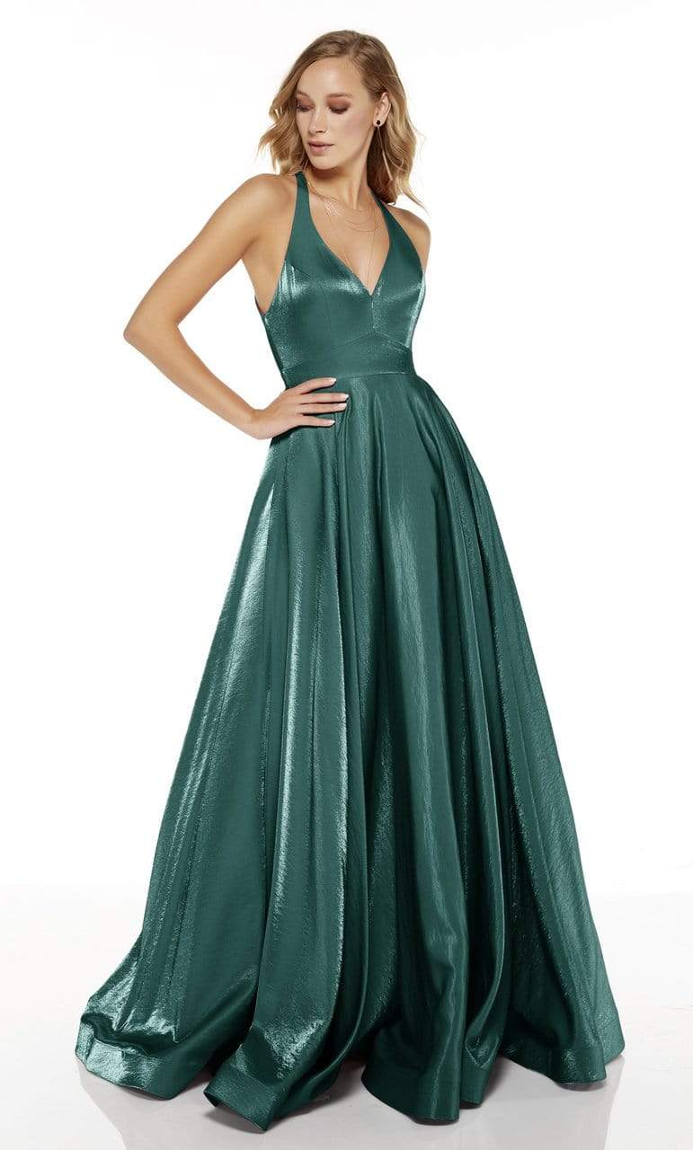 Alyce Paris - 60623 Front Zip V Neck Halter Silk Charmeuse A-Line Gown Prom Dresses 0 / Dragonfly