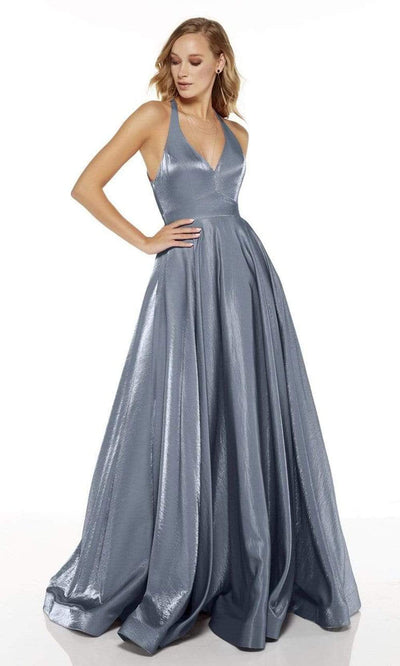 Alyce Paris - 60623 Front Zip V Neck Halter Silk Charmeuse A-Line Gown Prom Dresses 0 / French Blue