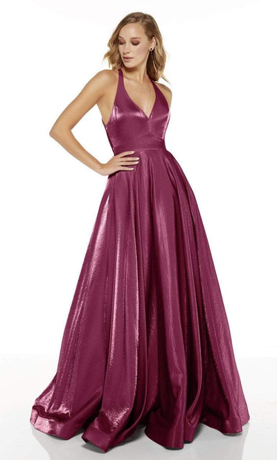 Alyce Paris - 60623 Front Zip V Neck Halter Silk Charmeuse A-Line Gown Prom Dresses 0 / Wine