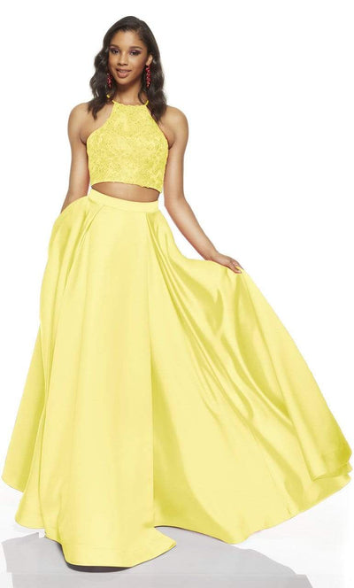 Alyce Paris - 60634 Beaded Two Piece Halter Ballgown Prom Dresses 0 / Light Yellow