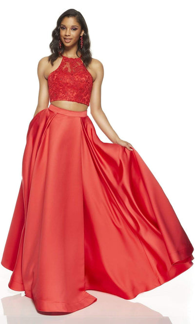 Alyce Paris - 60634 Beaded Two Piece Halter Ballgown Prom Dresses 0 / Red