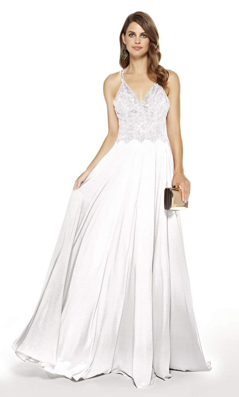 Alyce Paris - 60639 Strapless V Neck Lace Applique Bodice Chiffon Gown Prom Dresses 0 / Diamond White