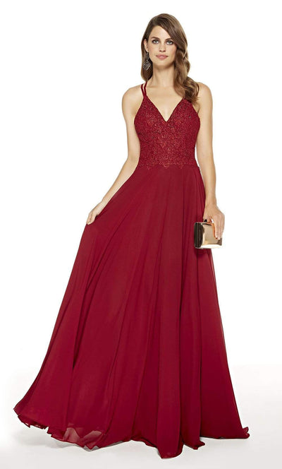 Alyce Paris - 60639 Strapless V Neck Lace Applique Bodice Chiffon Gown Prom Dresses 0 / Wine