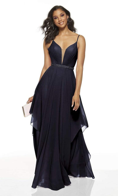 Alyce Paris - 60640 Plunging V-Neck Layered A-Line Dress Prom Dresses 0 / Midnight