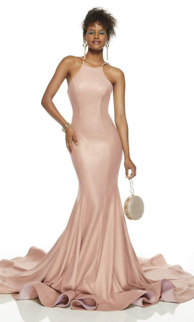 Alyce Paris - 60690 Halter Neck Glitter Suede Mermaid Dress Pageant Dresses 0 / Dusty Rose