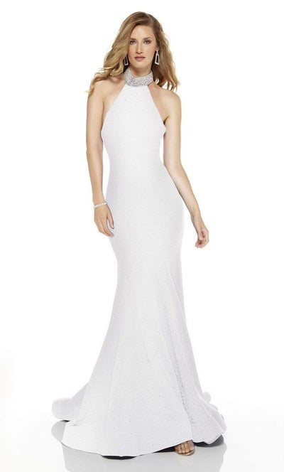 Alyce Paris - 60691 Glittered and Beaded Halter Trumpet Dress Evening Dresses 0 / Diamond White