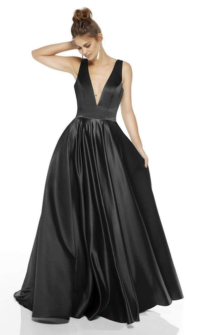 Alyce Paris - 60707 Plunging V-Neck Luxe Satin A-Line Dress Prom Dresses 0 / Black