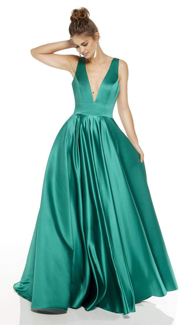 Alyce Paris - 60707 Plunging V-Neck Luxe Satin A-Line Dress Prom Dresses 0 / Emerald