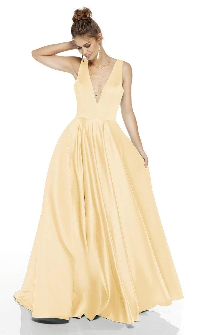 Alyce Paris - 60707 Plunging V-Neck Luxe Satin A-Line Dress Prom Dresses 0 / Light Yellow