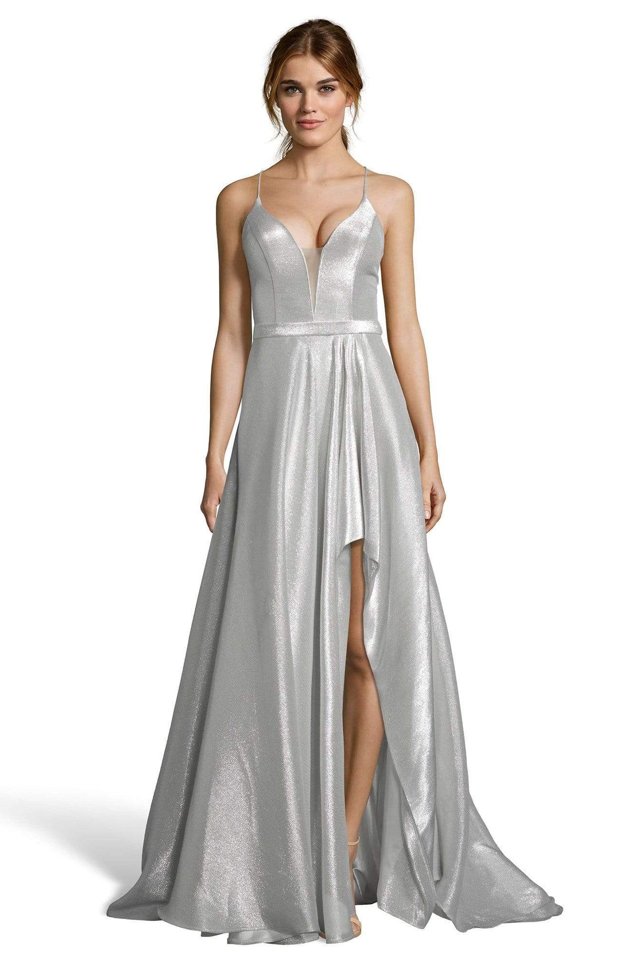 Alyce Paris - Plunging Metallic Lame Gown 60712SC In Silver