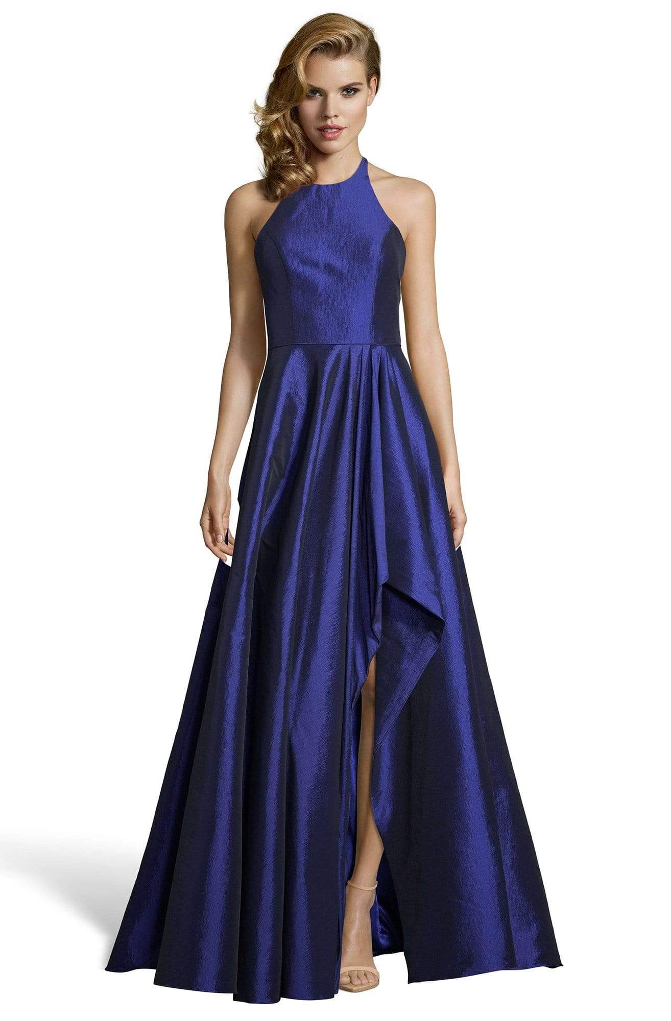 Alyce Paris - 60713 Halter Neckline Shimmering Taffeta High Low Gown Prom Dresses 0 / Navy