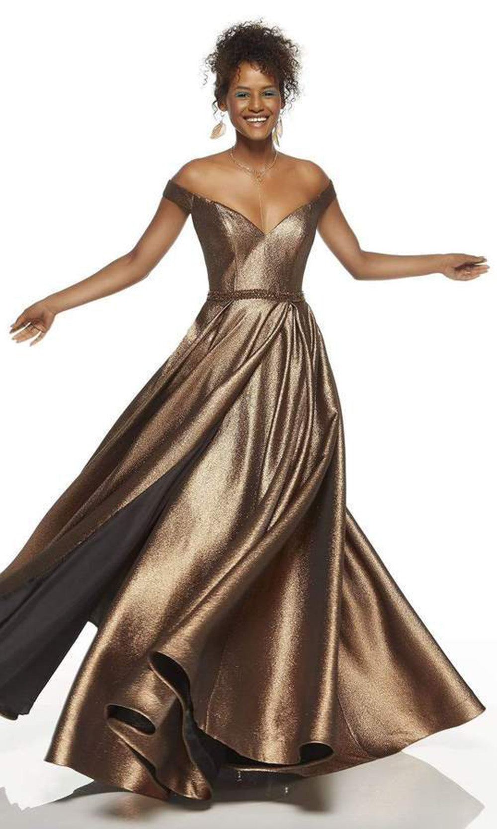 Alyce Paris - 60718 Off The Shoulder V-Neck Metallic Jacquard A-Line Gown In Brown