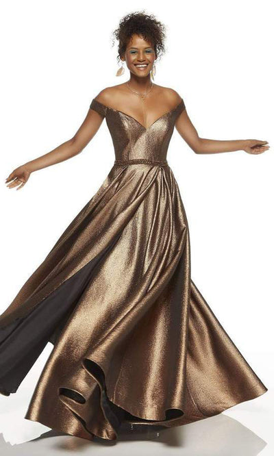 Alyce Paris - 60718 Off The Shoulder V-Neck Metallic Jacquard A-Line Gown In Brown