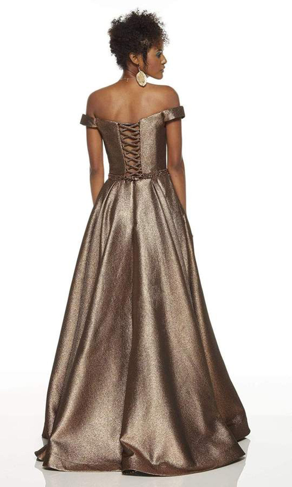 Alyce Paris - 60718 Off The Shoulder V-Neck Metallic Jacquard A-Line Gown In Brown