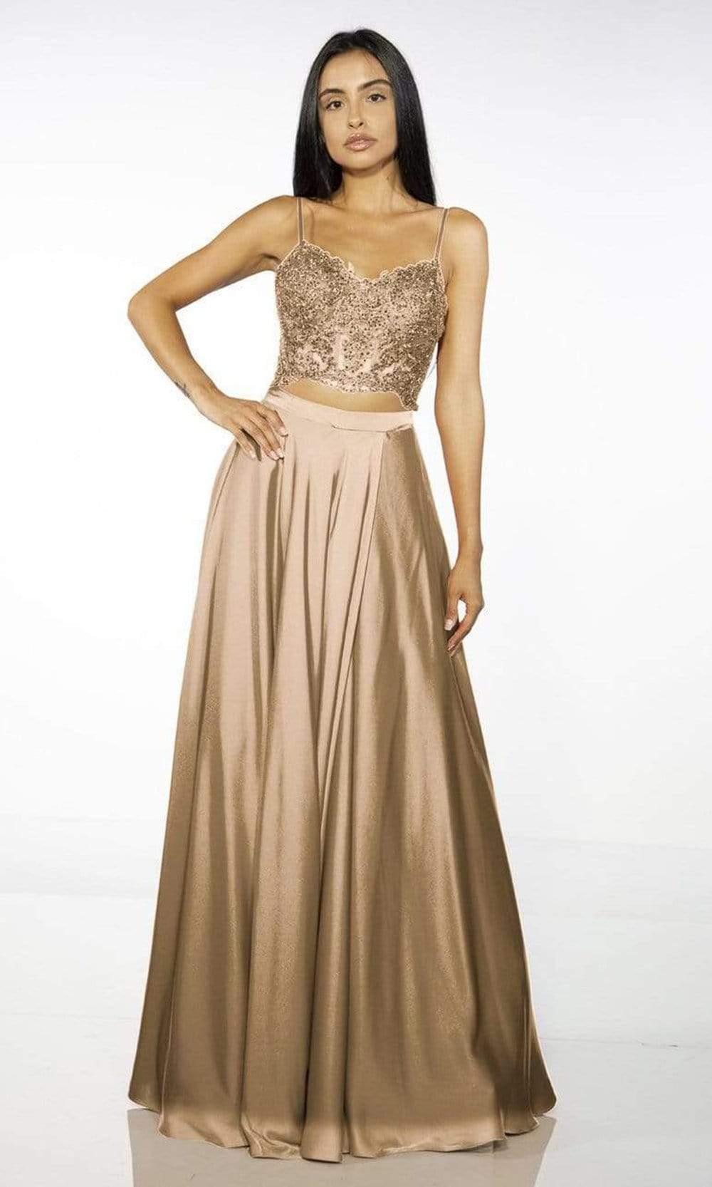 Alyce Paris - Two Piece Beaded Lace A-Line Dress 60777SC In Gold