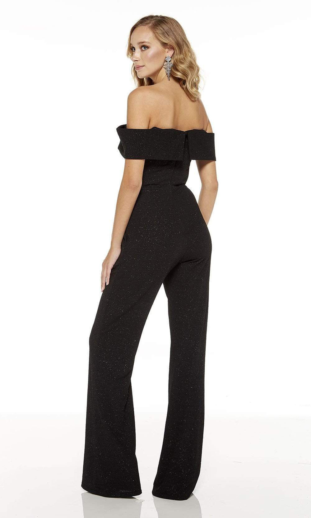 Alyce Paris - Foldover Off Shoulder Glitter Jumpsuit 60802SC In Black