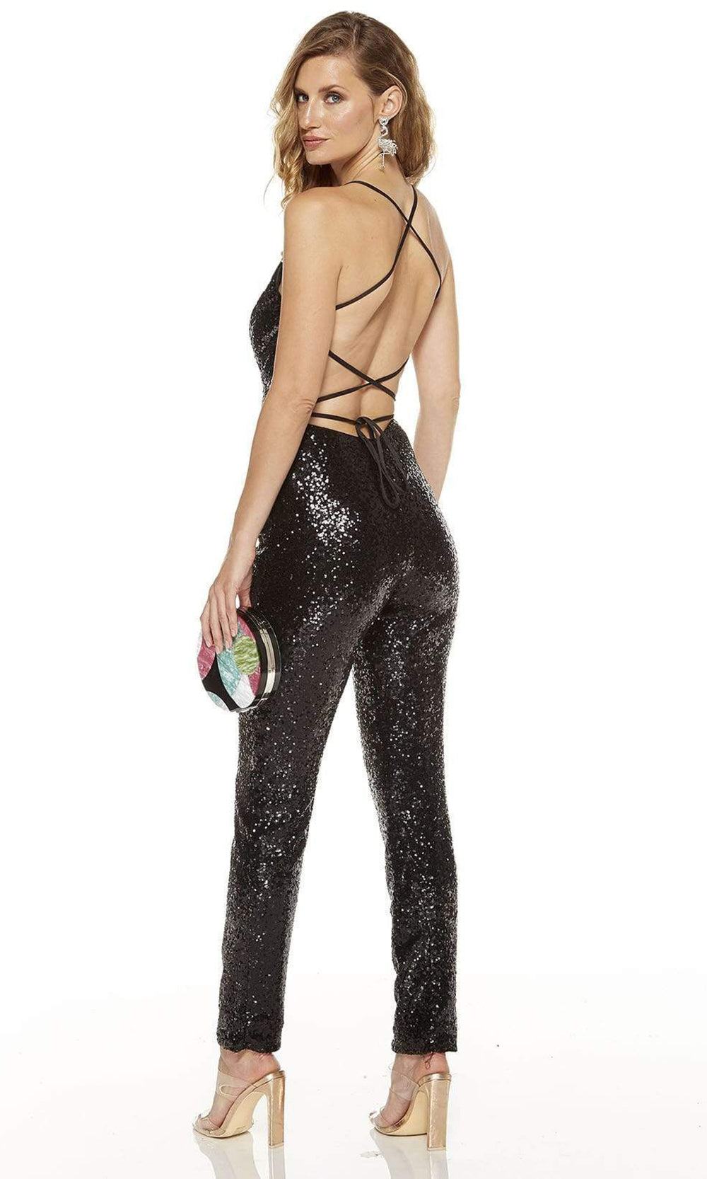 Alyce Paris - 60821SC V Neck Sequined Jumpsuit In Black