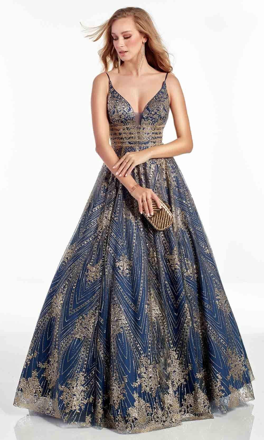 Alyce Paris - 60870 Deep V Neck Glitter Tulle A-line Gown Prom Dresses 000 / Navy/Gold