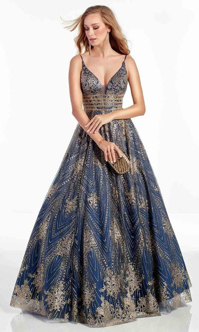Alyce Paris - 60870 Deep V Neck Glitter Tulle A-line Gown Prom Dresses 000 / Navy/Gold