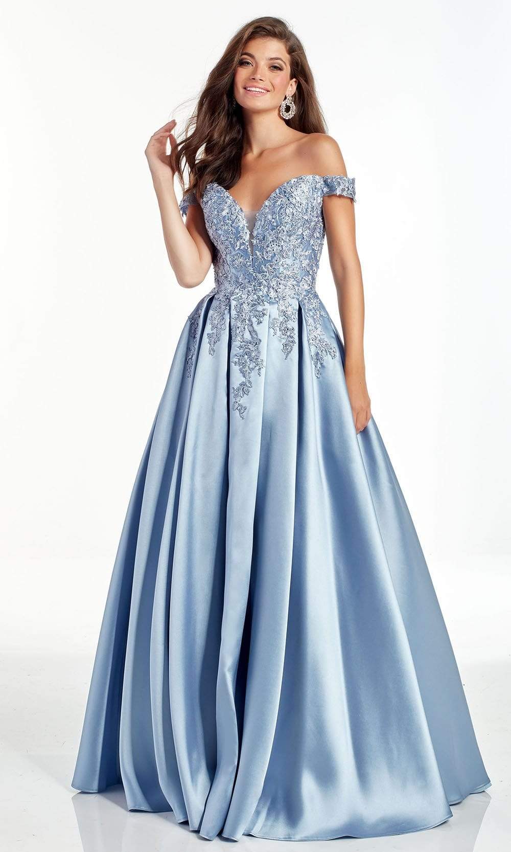 Alyce Paris - 60877 Embroidered Deep Off Shoulder Mikado Ballgown Prom Dresses 000 / French Blue