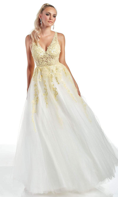 Alyce Paris - 60889 Lace Plunging V Neck Tulle A-line Gown Prom Dresses 000 / Light Yellow/Diamond White