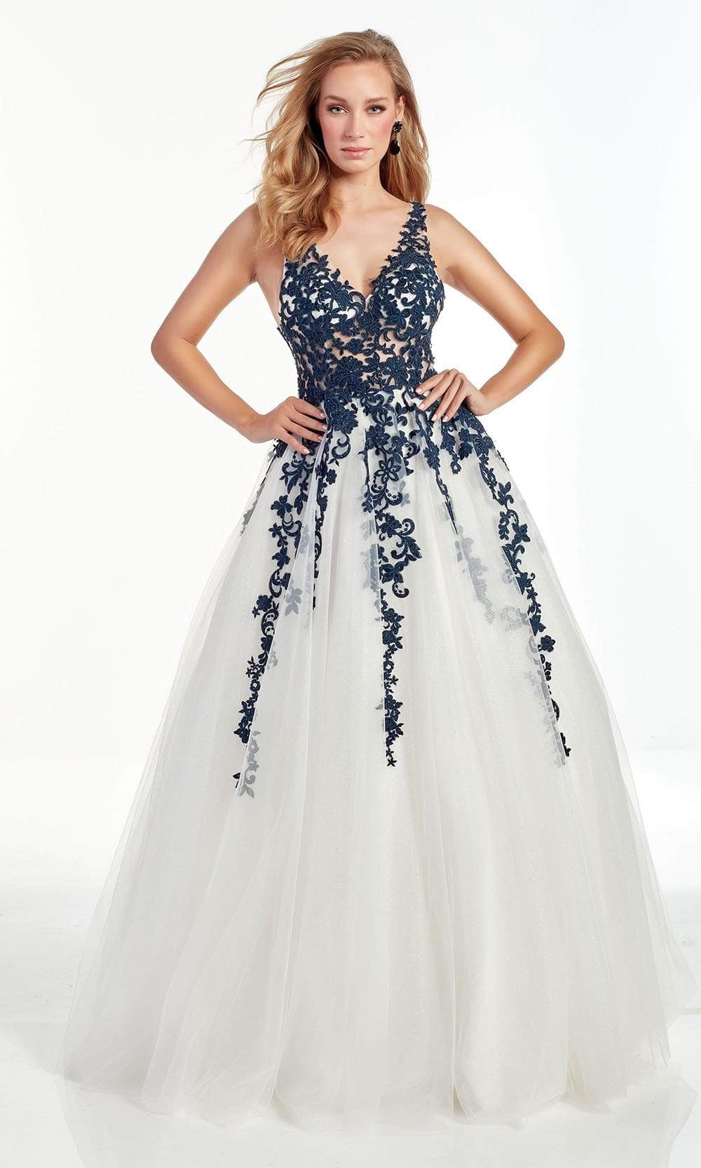 Alyce Paris - 60889 Lace Plunging V Neck Tulle A-line Gown Prom Dresses 000 / Midnight/Diamond White