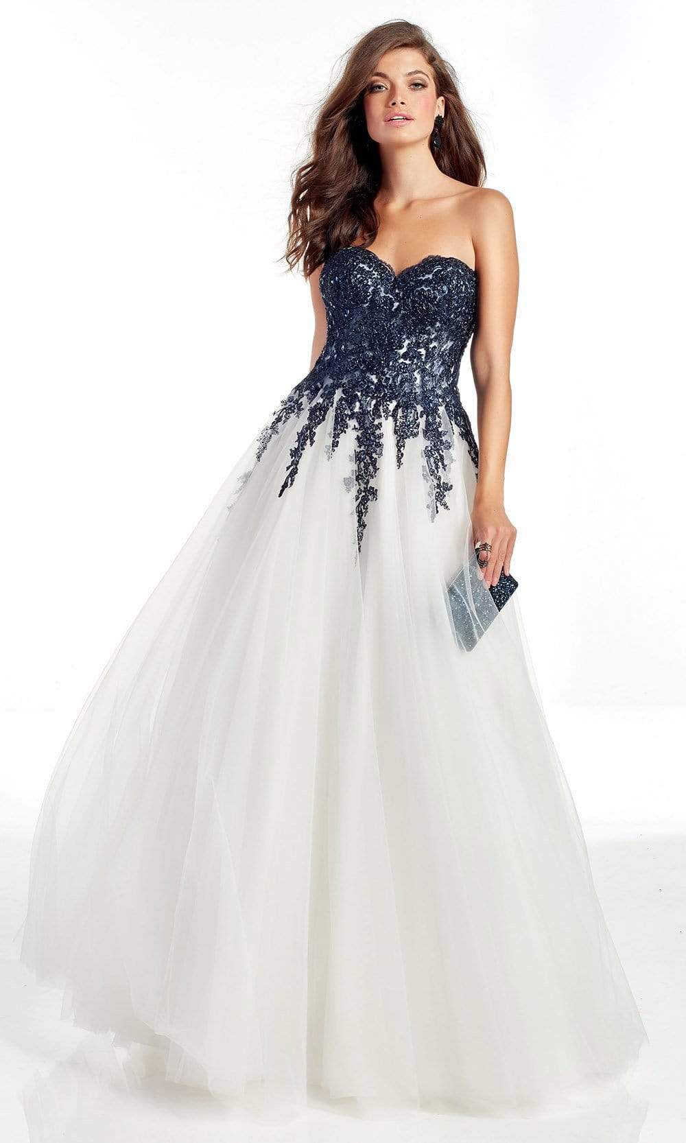 Alyce Paris - 60890 Strapless Lace Appliqued Bodice Tulle Gown Prom Dresses 000 / Midnight/Diamond White