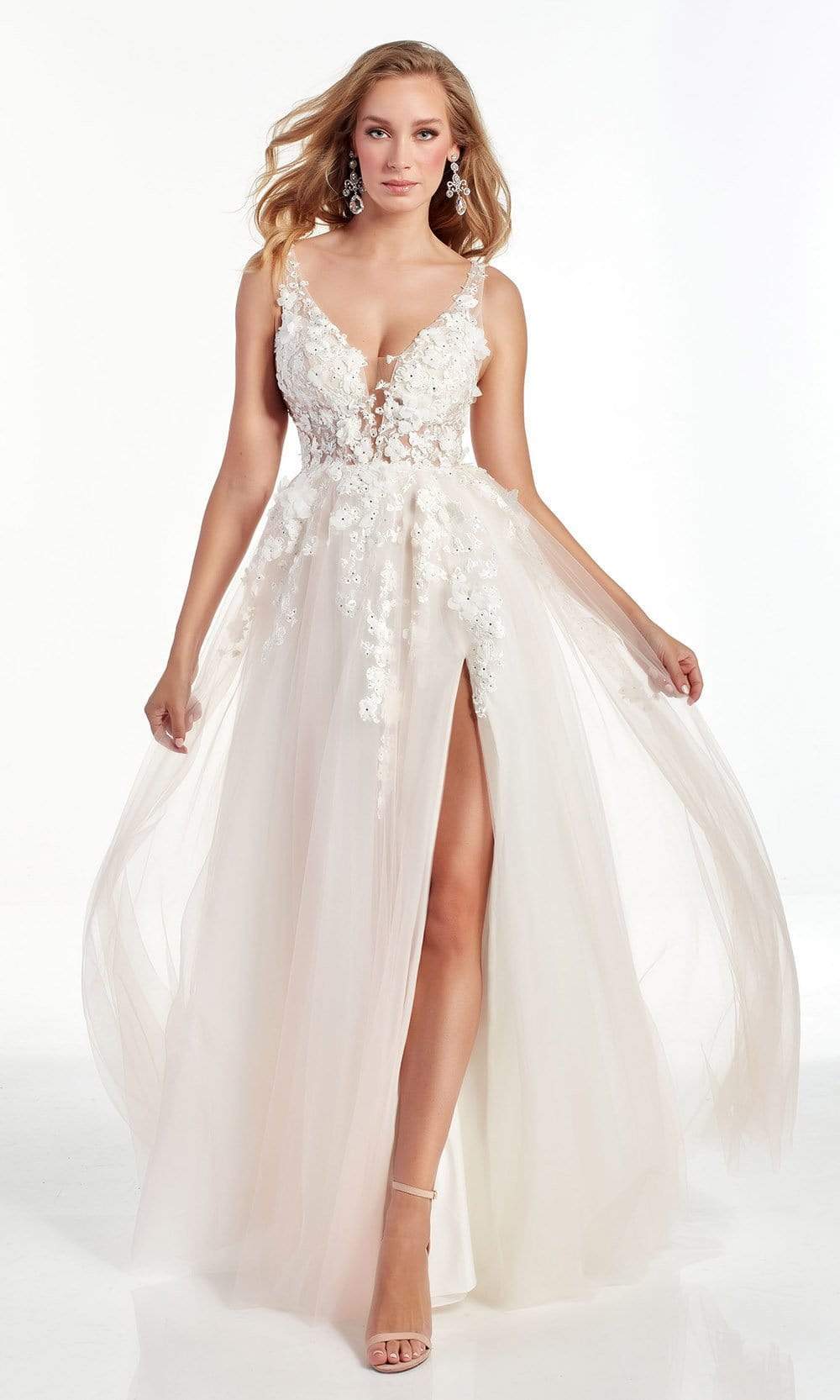 Alyce Paris - 60894 3D Floral Lace Tulle High Slit A-line Gown Prom Dresses 000 / Diamond White/Blush