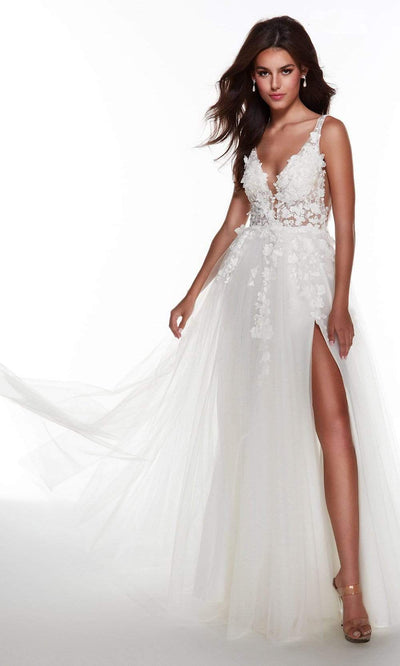 Alyce Paris - 60894 3D Floral Lace Tulle High Slit A-line Gown Prom Dresses 000 / Diamond White Solid