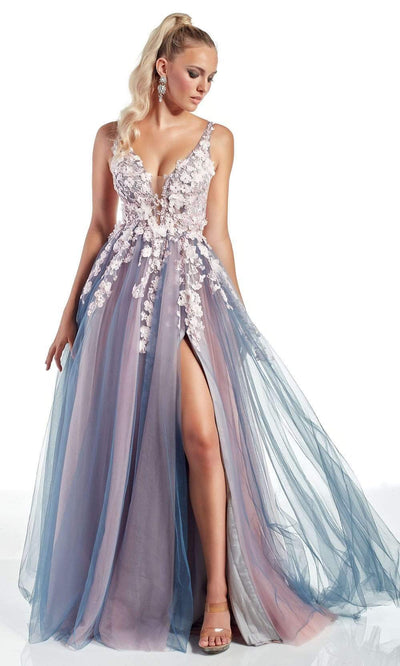Alyce Paris - 60894 3D Floral Lace Tulle High Slit A-line Gown Prom Dresses 000 / Storm Cloud/Pink