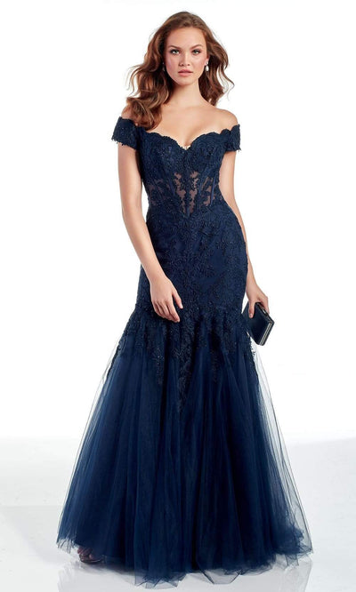 Alyce Paris - 60925 Lace Corset Bodice Tulle Mermaid Gown Mother of the Bride Dresses 000 / Navy