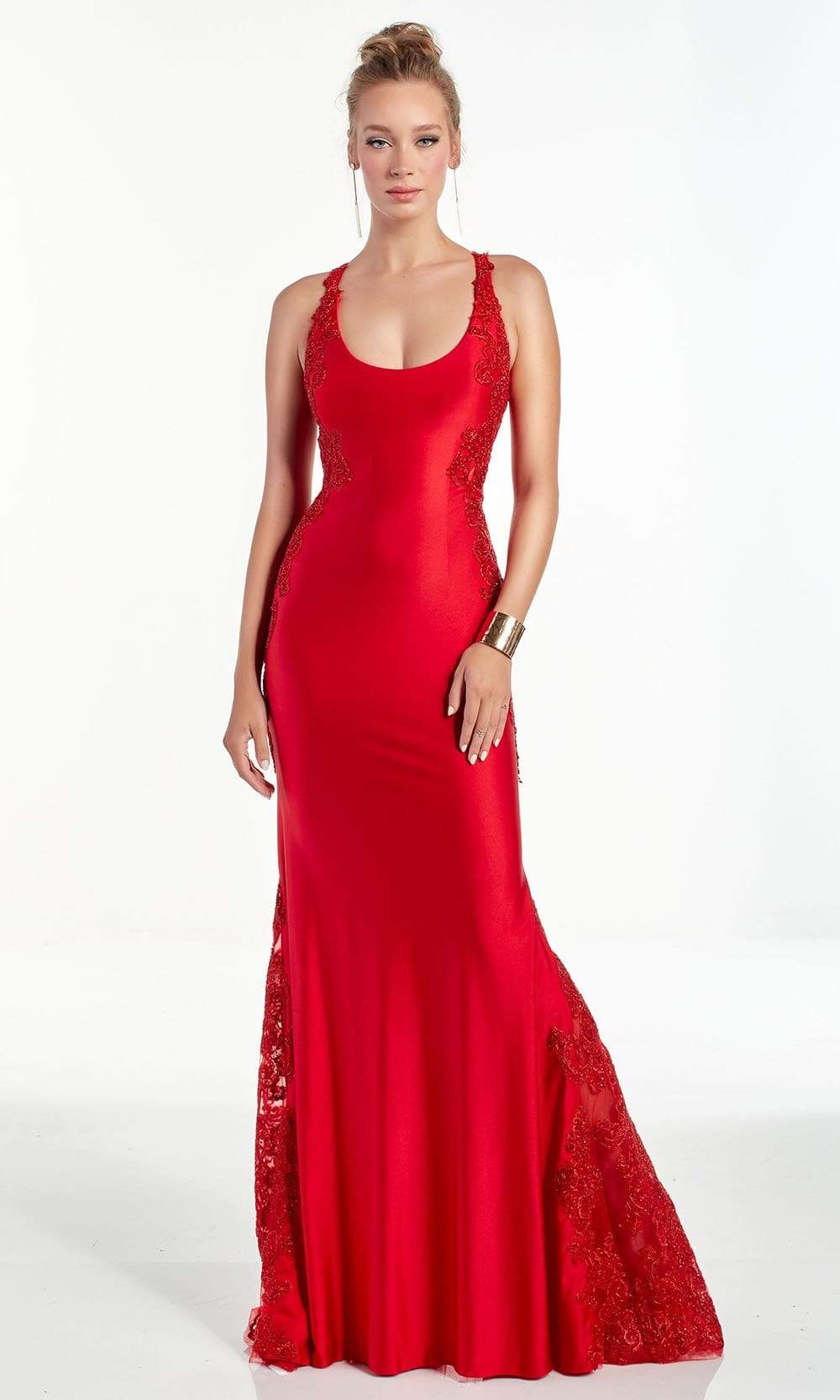 Alyce Paris - 60952 Scoop Neck Racerback Beaded Lace Jersey Gown Evening Dresses 000 / Red