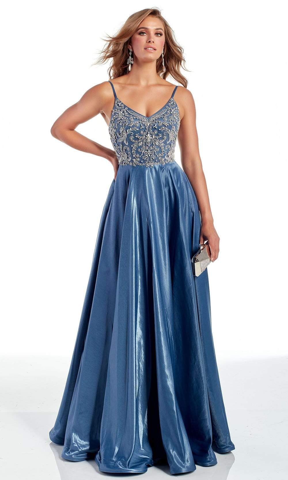Alyce Paris - 60971 V-Neck Beaded Bodice Satin A-Line Gown Prom Dresses 000 / Dark French Blue